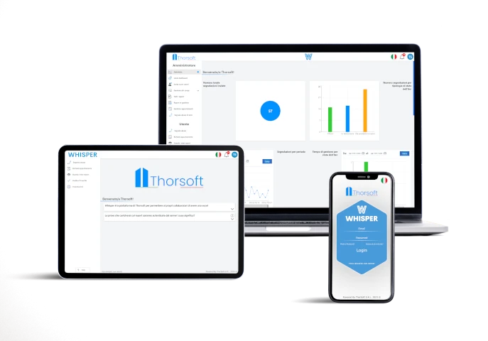 Whisper whistleblowing software shown on desktop, tablet and smartphone